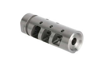 Rise Armament .223 Compensator with stainless finish fits 1/2x28 barrel threading for most 5.56 caliber rifles.